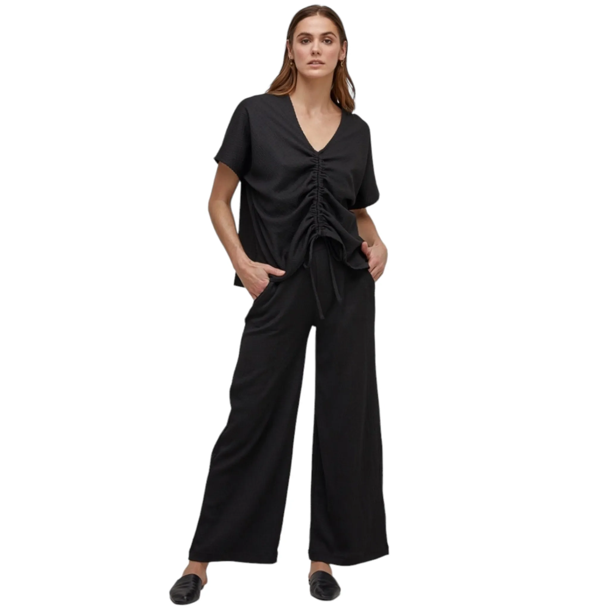 UCHUU Wide Leg Trousers with Elastic Waist Black