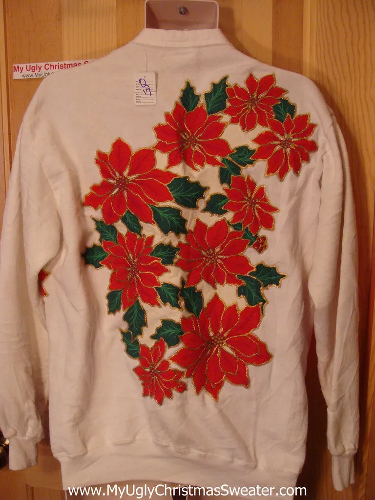 Ugly Christmas Tacky Sweatshirt 80s 2-sided Poinsettias Wreath with LIGHTS (q17)