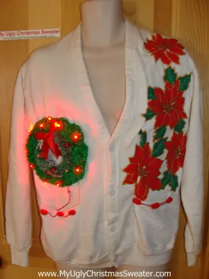 Ugly Christmas Tacky Sweatshirt 80s 2-sided Poinsettias Wreath with LIGHTS (q17)