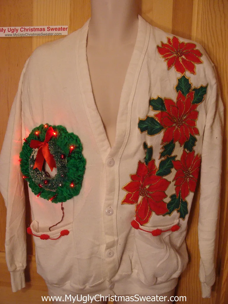 Ugly Christmas Tacky Sweatshirt 80s 2-sided Poinsettias Wreath with LIGHTS (q17)