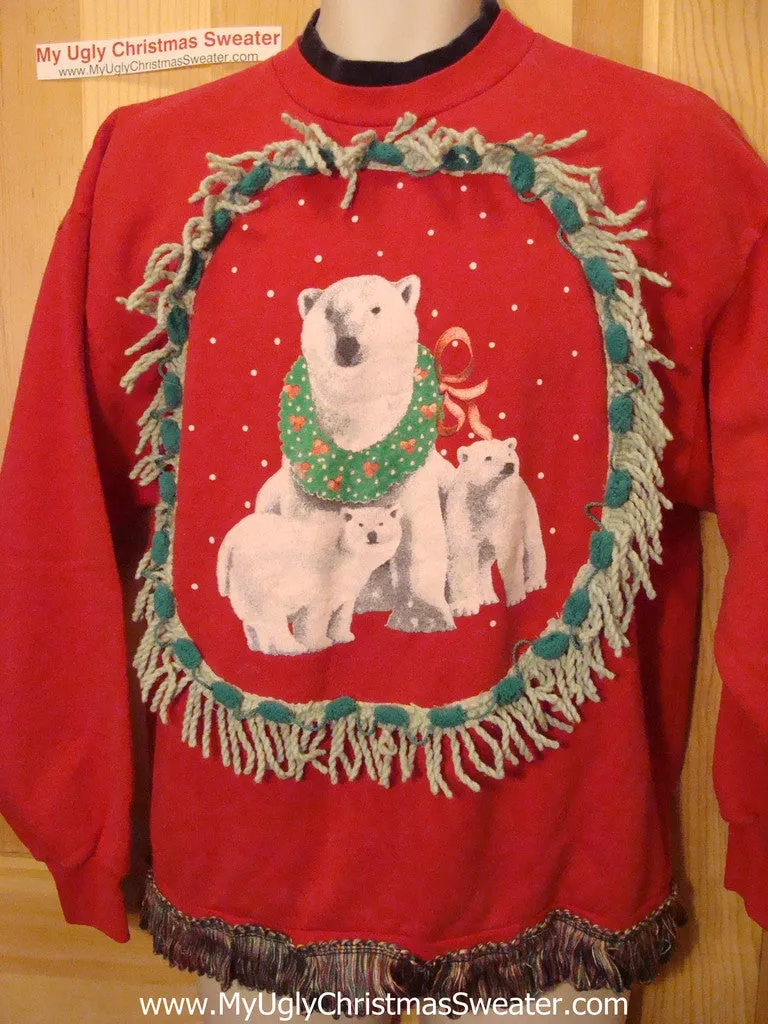 Ugly Christmas Tacky Sweatshirt Polar Bears with Fringe (q38)