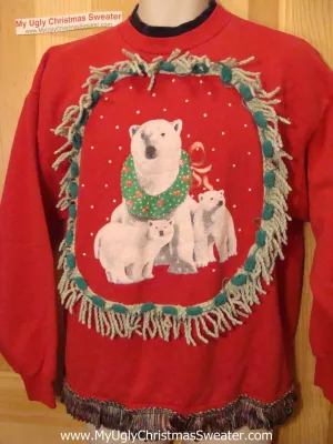 Ugly Christmas Tacky Sweatshirt Polar Bears with Fringe (q38)