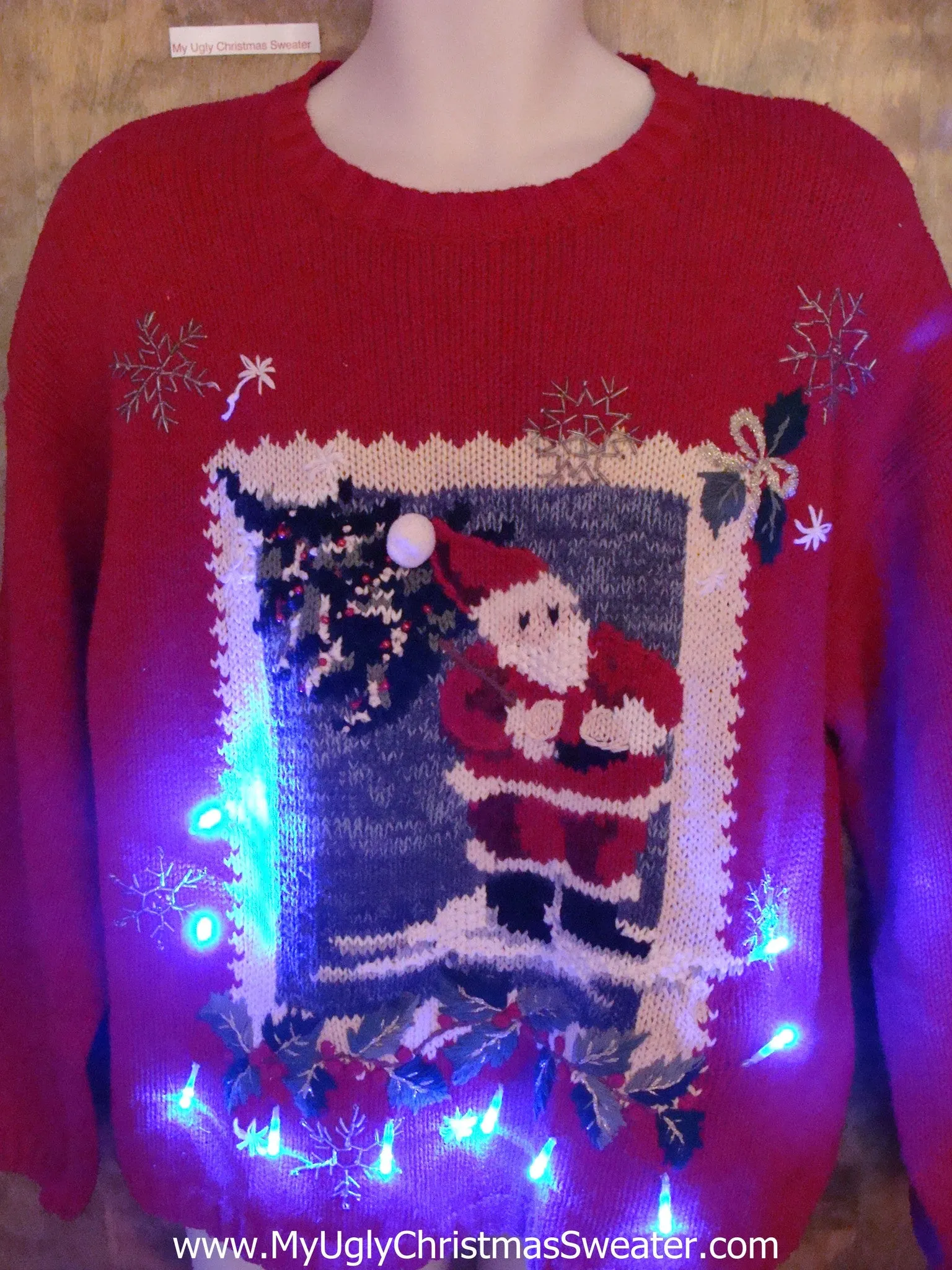 Ugly Red Christmas Sweater with Lights and Santa