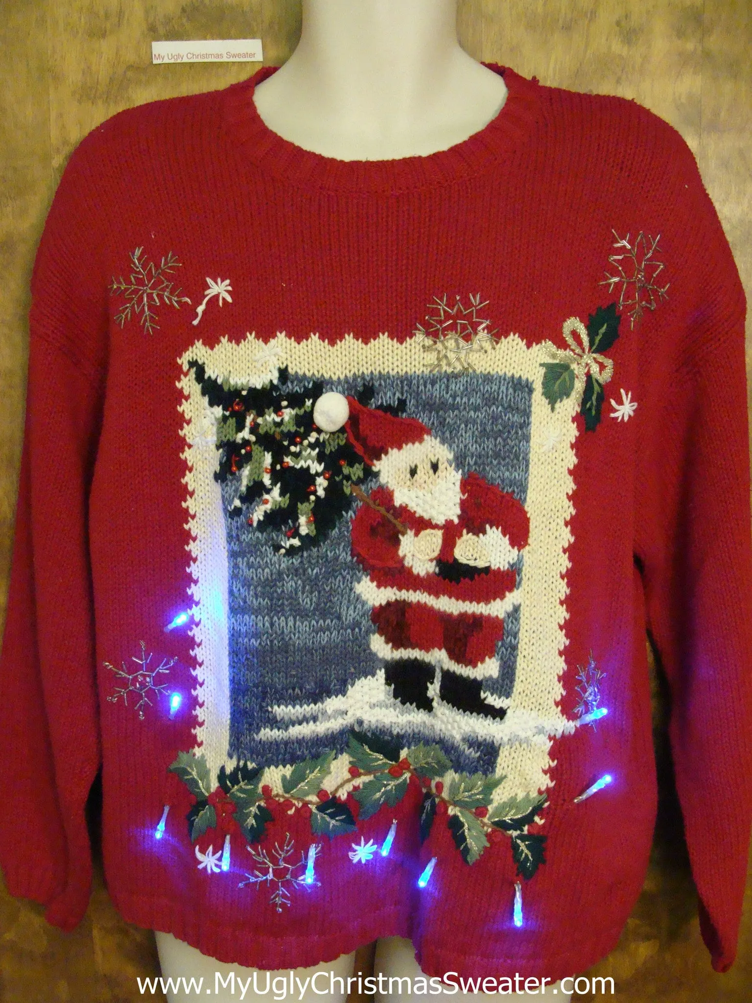 Ugly Red Christmas Sweater with Lights and Santa