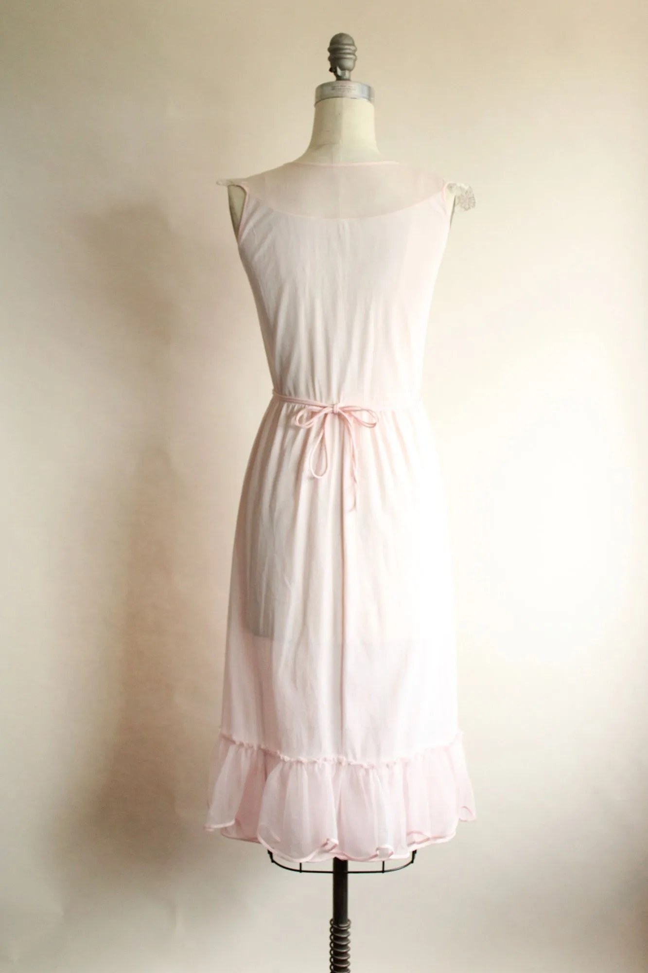 Vintage 1950s Pink Nylon with Tie and Embroidered Floral Lace Trim Nightgown