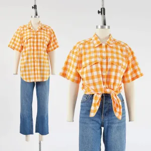 Vintage 90s White Orange Cotton Checkered Gingham Shirt Short Sleeve Blouse size M