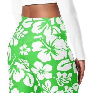 White and Lime Green Hawaiian Flowers Flare Leggings