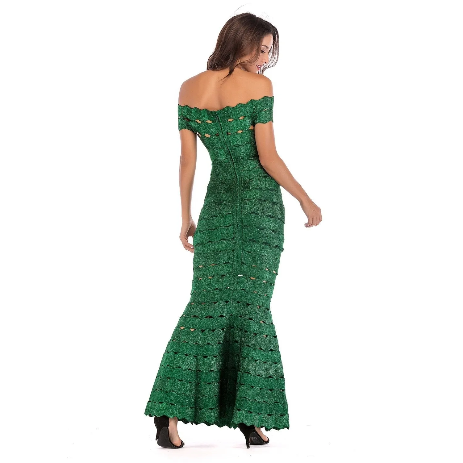 Winnal Womens Bandage Off Shoulder Wave Hollow Cut Out Sleeveless Bodycone Dress Green