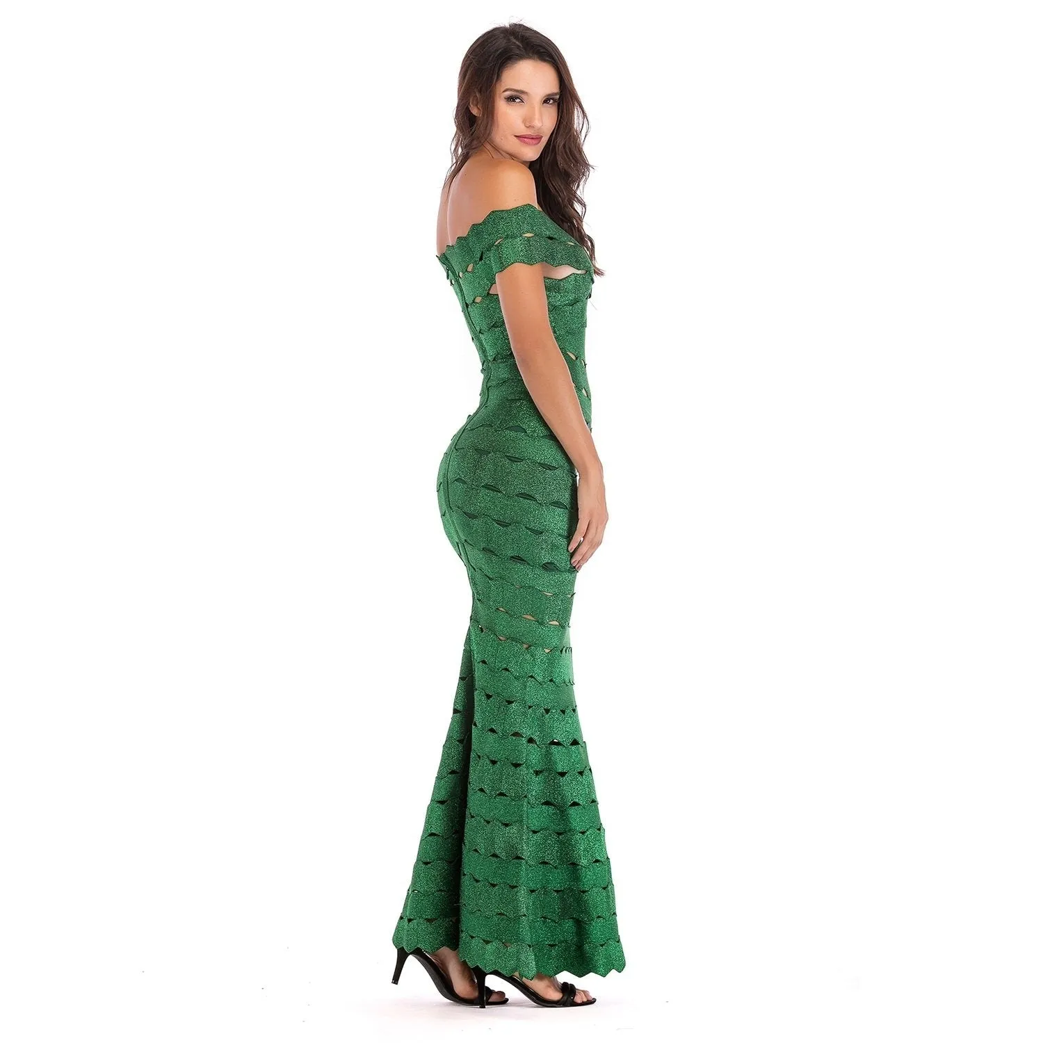 Winnal Womens Bandage Off Shoulder Wave Hollow Cut Out Sleeveless Bodycone Dress Green