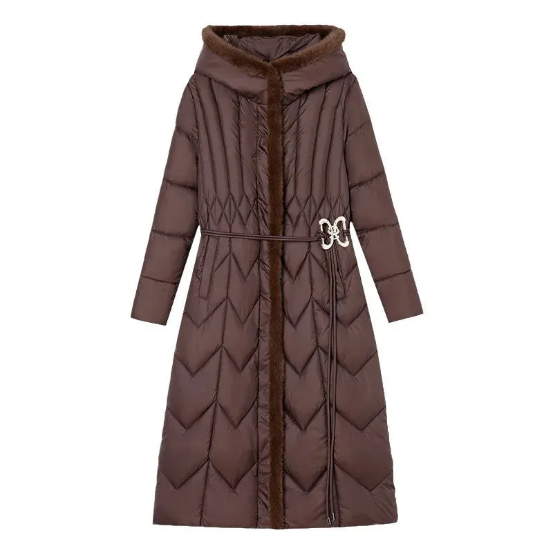 Women's Cotton Long  Hooded Padded Belt Parkas Coat