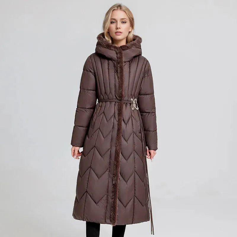 Women's Cotton Long  Hooded Padded Belt Parkas Coat