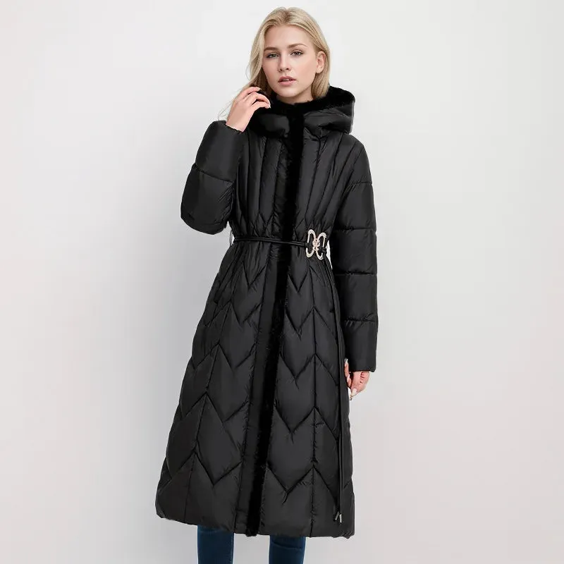 Women's Cotton Long  Hooded Padded Belt Parkas Coat