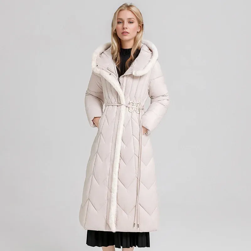 Women's Cotton Long  Hooded Padded Belt Parkas Coat