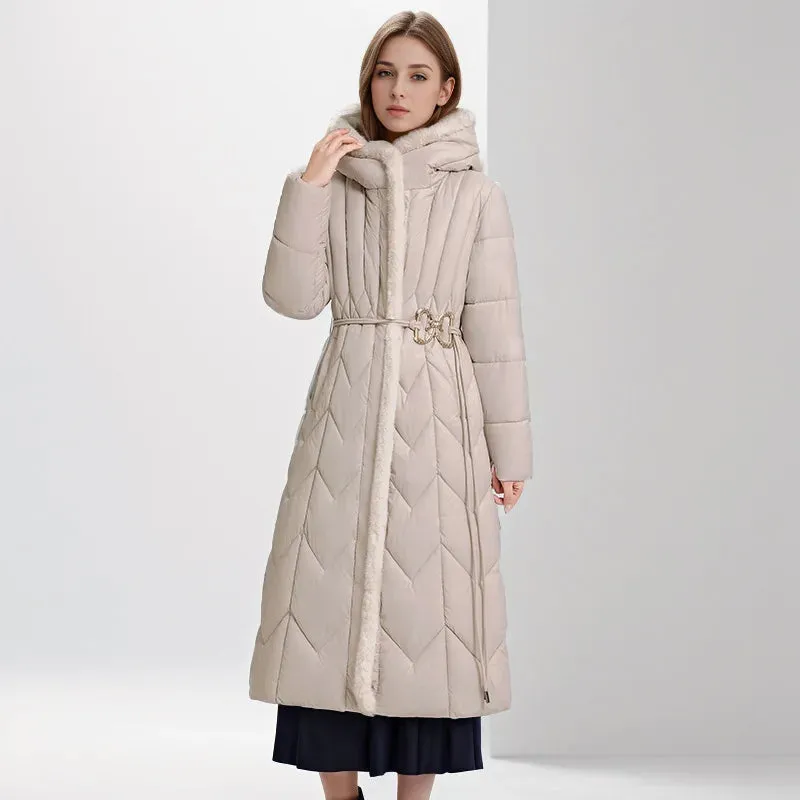 Women's Cotton Long  Hooded Padded Belt Parkas Coat