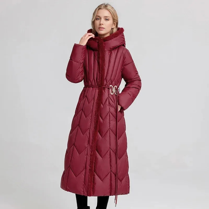 Women's Cotton Long  Hooded Padded Belt Parkas Coat