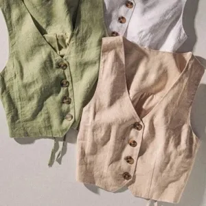 Women's Linen Button Down Vest in (Khaki or Light Olive)