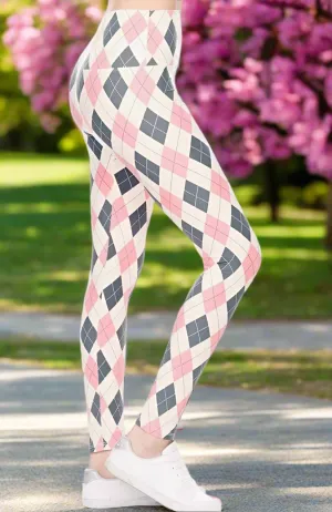 Womens Pink Argyle Leggings, Diamond Printed Leggings, Soft Yoga Pants, Sizes 0-20, Yoga Waist, Pink/Gray