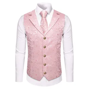 YourTies Baby Pink Paisley Silk Notched Lapel Waistcoat Necktie Set for Men