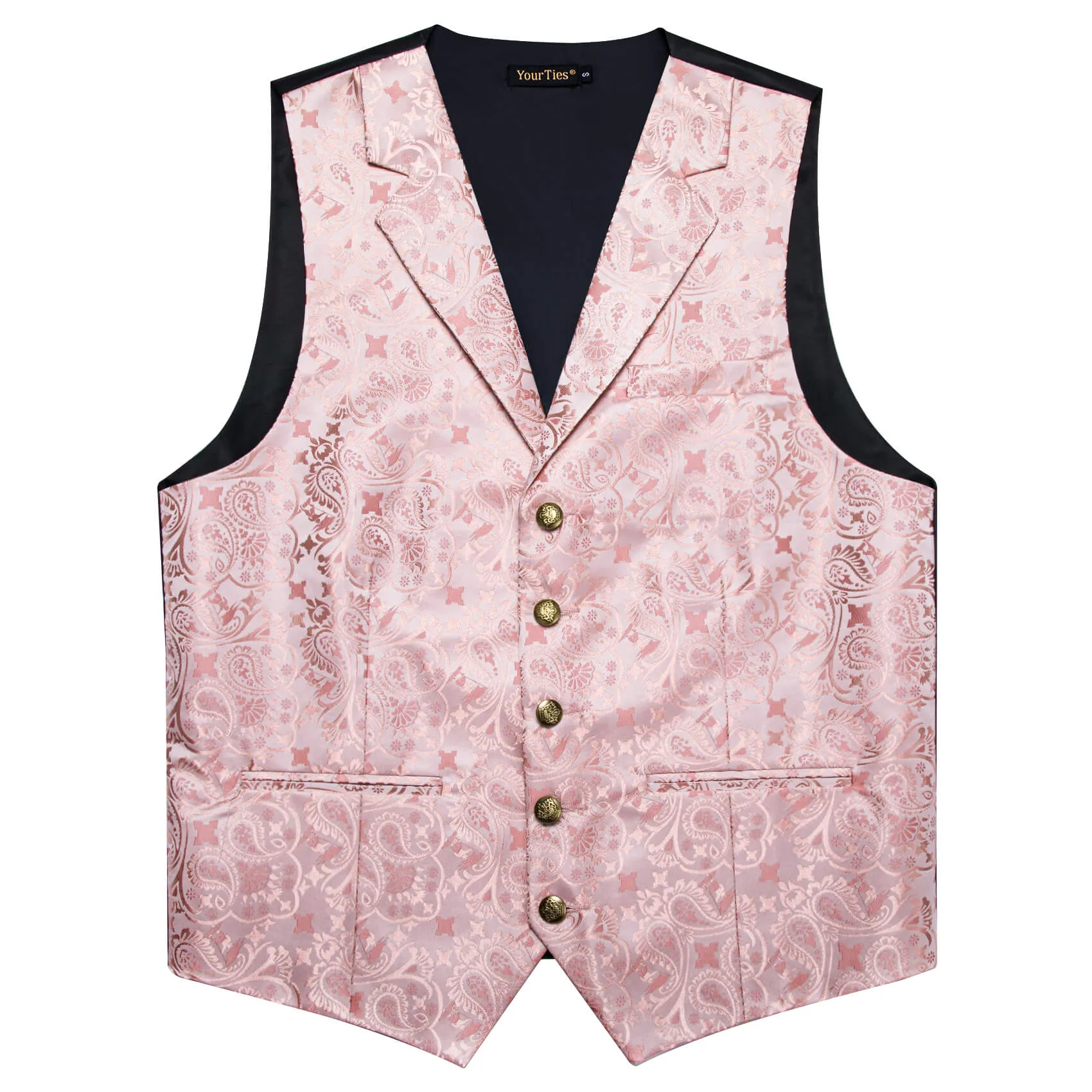 YourTies Baby Pink Paisley Silk Notched Lapel Waistcoat Necktie Set for Men