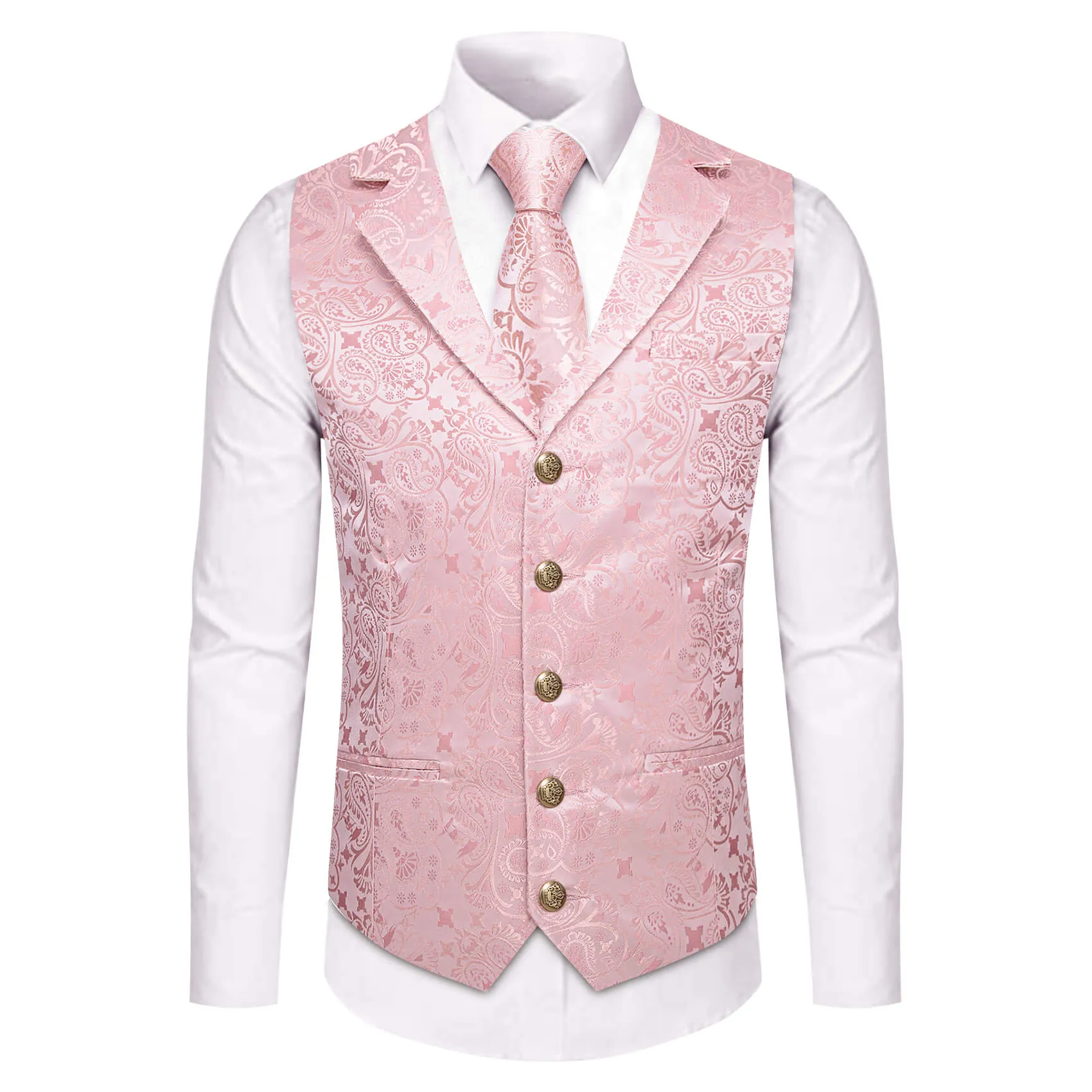 YourTies Baby Pink Paisley Silk Notched Lapel Waistcoat Necktie Set for Men