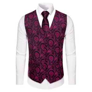 YourTies Tyrian Purple Floral Silk Men's Vest Necktie Hanky Cufflinks Set