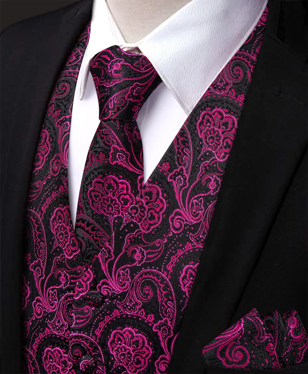 YourTies Tyrian Purple Floral Silk Men's Vest Necktie Hanky Cufflinks Set