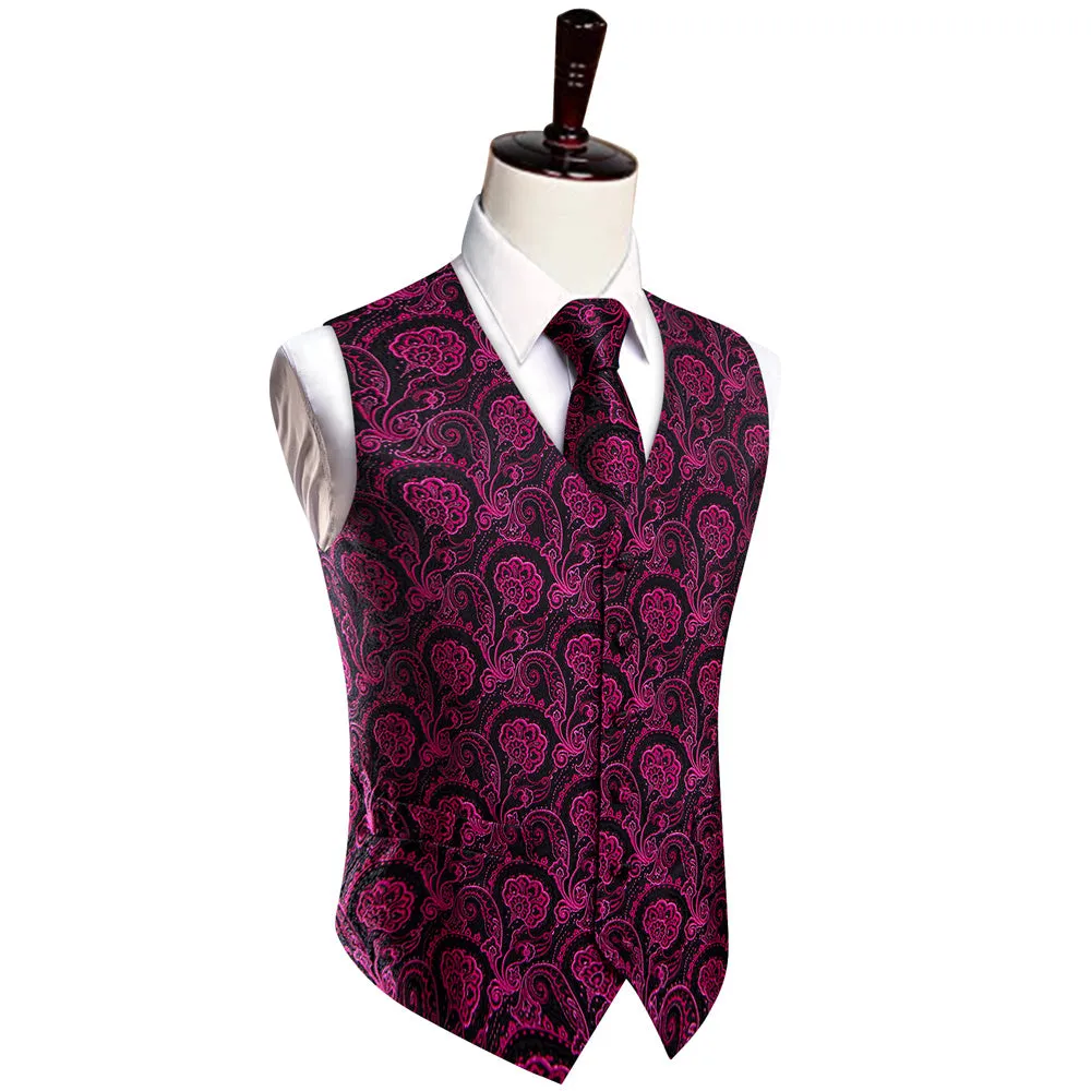 YourTies Tyrian Purple Floral Silk Men's Vest Necktie Hanky Cufflinks Set