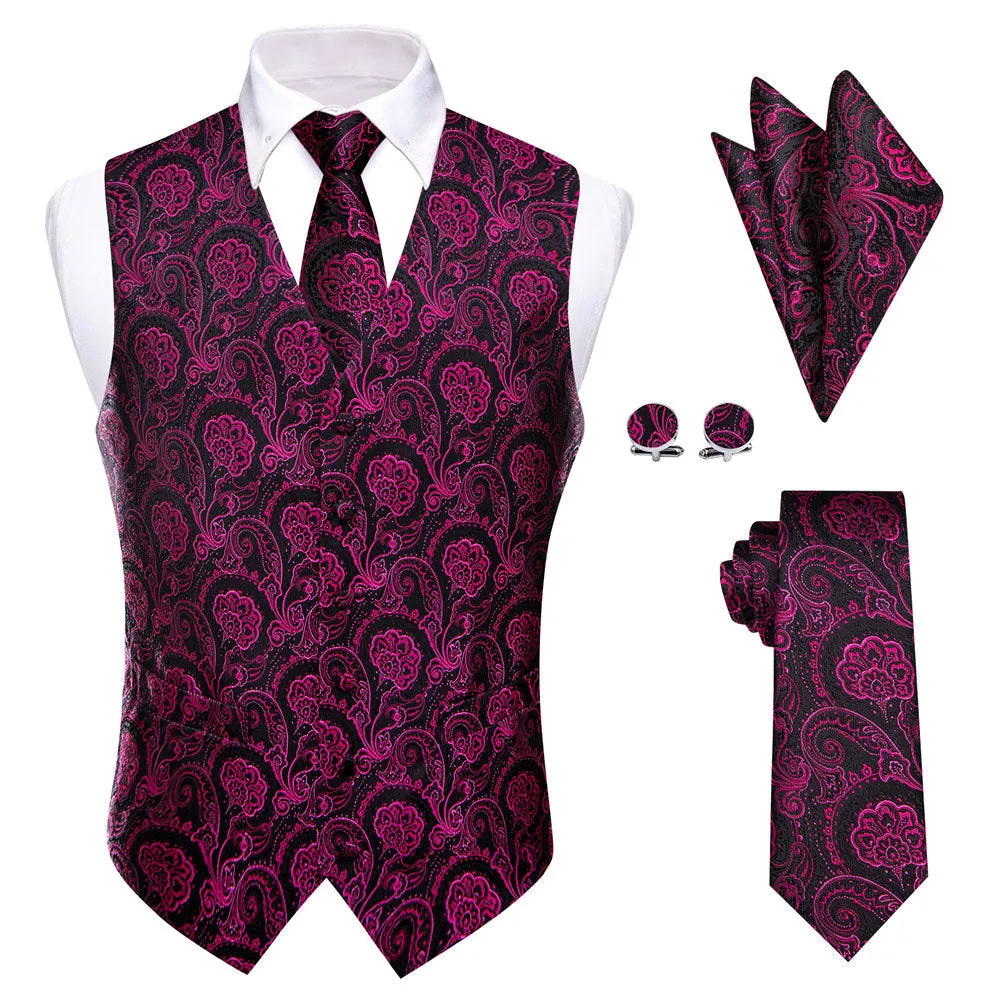 YourTies Tyrian Purple Floral Silk Men's Vest Necktie Hanky Cufflinks Set