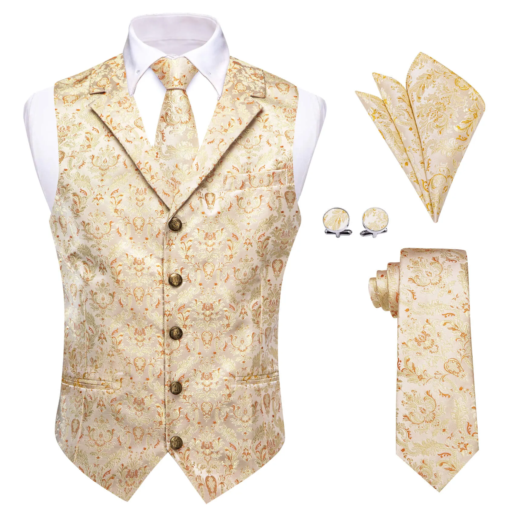 YourTies Waistcoat Beige Yellow Orange Floral Silk Men's Vest Tie Set