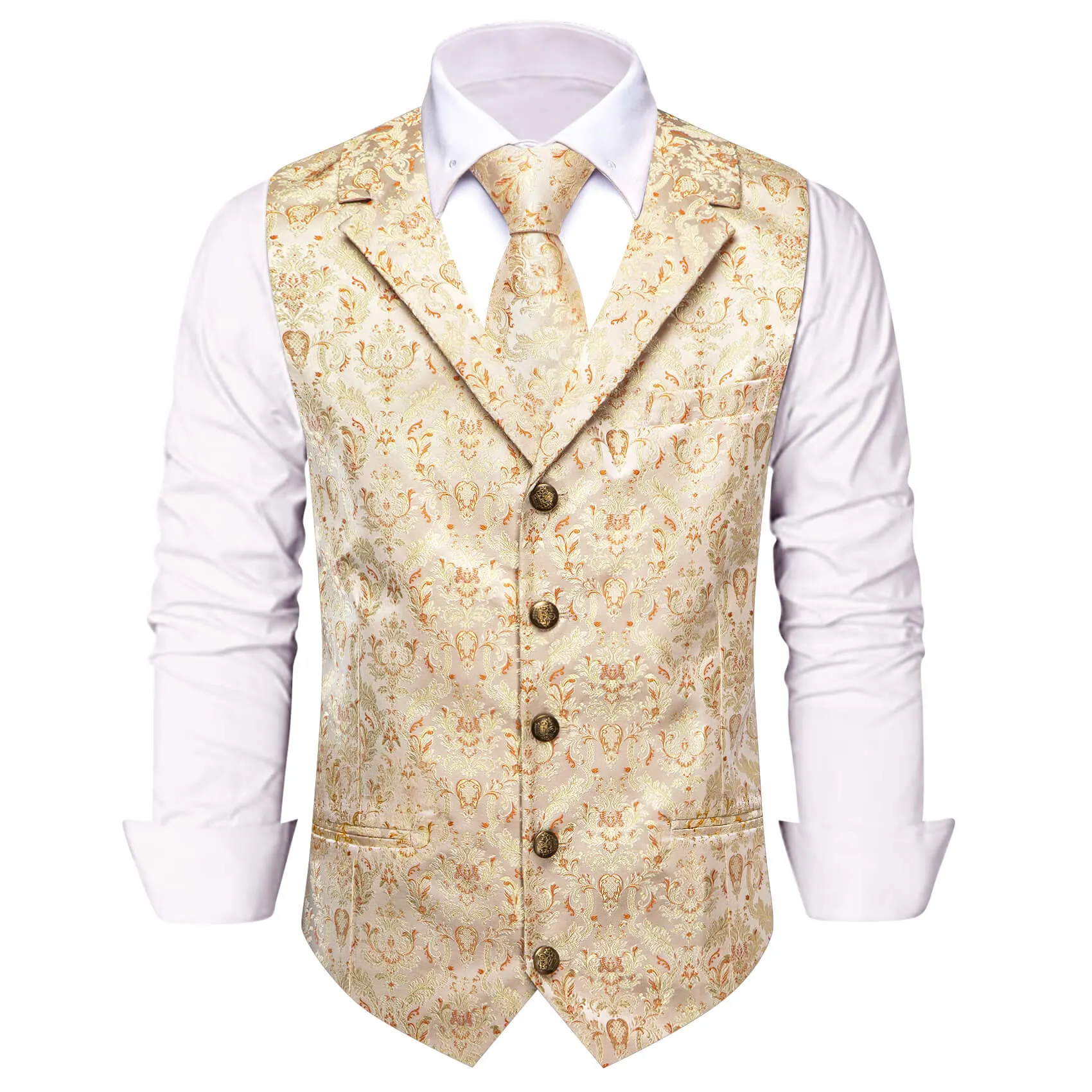 YourTies Waistcoat Beige Yellow Orange Floral Silk Men's Vest Tie Set